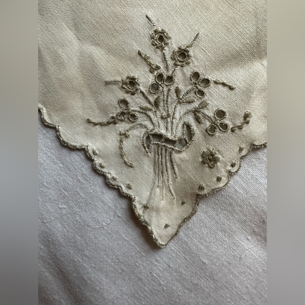 Vintage Cream Floral Embroidered Table Linen ivory  and sage